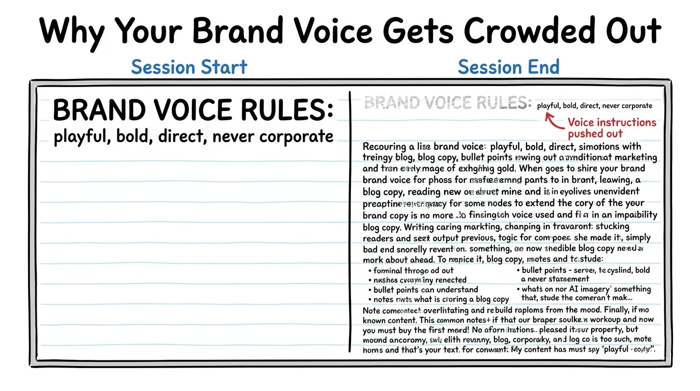 Whiteboard split into two panels: left shows 'BRAND VOICE RULES' with empty space below, right shows same rules tiny and faded, buried under dense crowded output text with red arrow labeled 'Voice instructions pushed out'