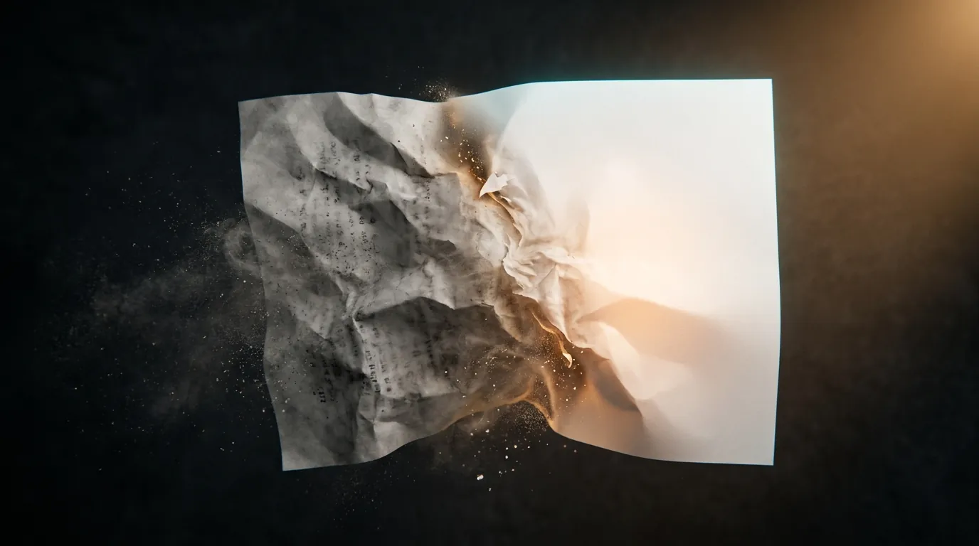 Single sheet of paper split between crumpled gray left half dissolving into dust and crisp white right half glowing with warm amber light, black background