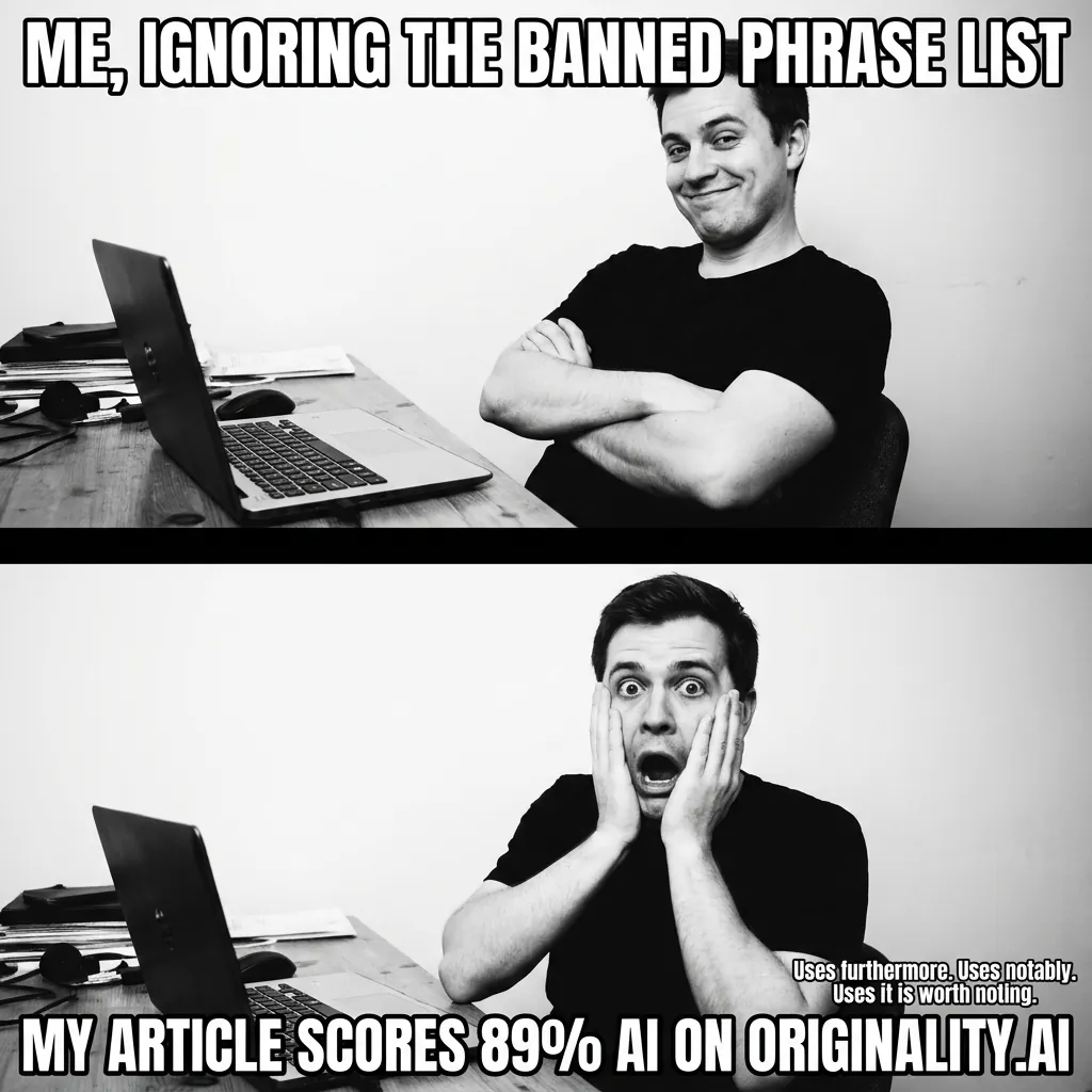 Two-panel meme: top shows smug person at laptop arms crossed, bottom shows same person panicking, captioned '89% AI on Originality.ai'