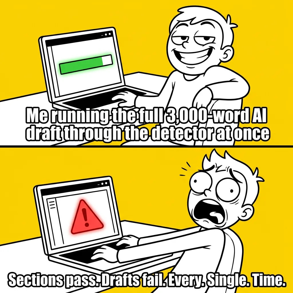 Two-panel meme: top shows smug cartoon person at laptop grinning, bottom shows same person horrified. Captions about AI detection failing on full drafts.