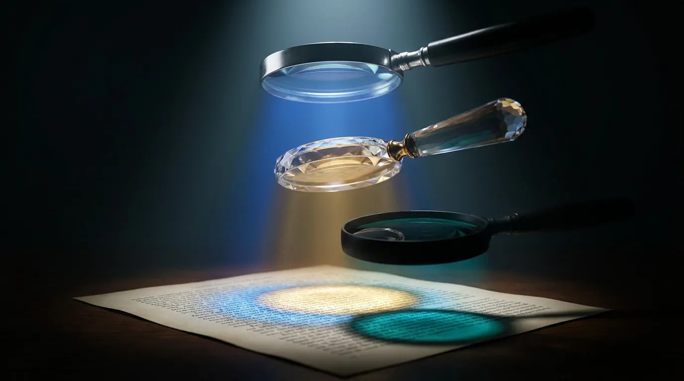 Three magnifying glasses with glass, crystal, and obsidian lenses hovering over printed text page, each casting a different colored light beam