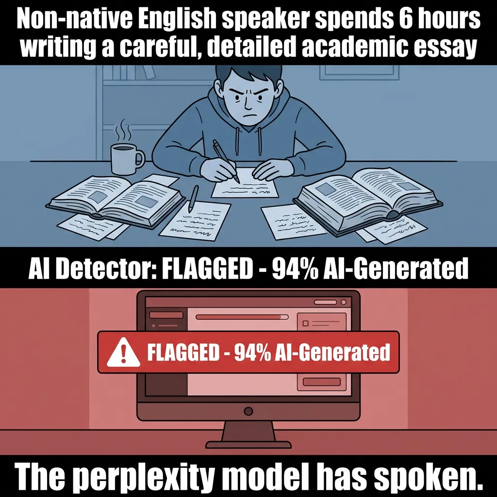 Two-panel meme: top shows person writing essay at desk with textbooks, bottom shows computer screen with red FLAGGED 94% AI-Generated warning banner