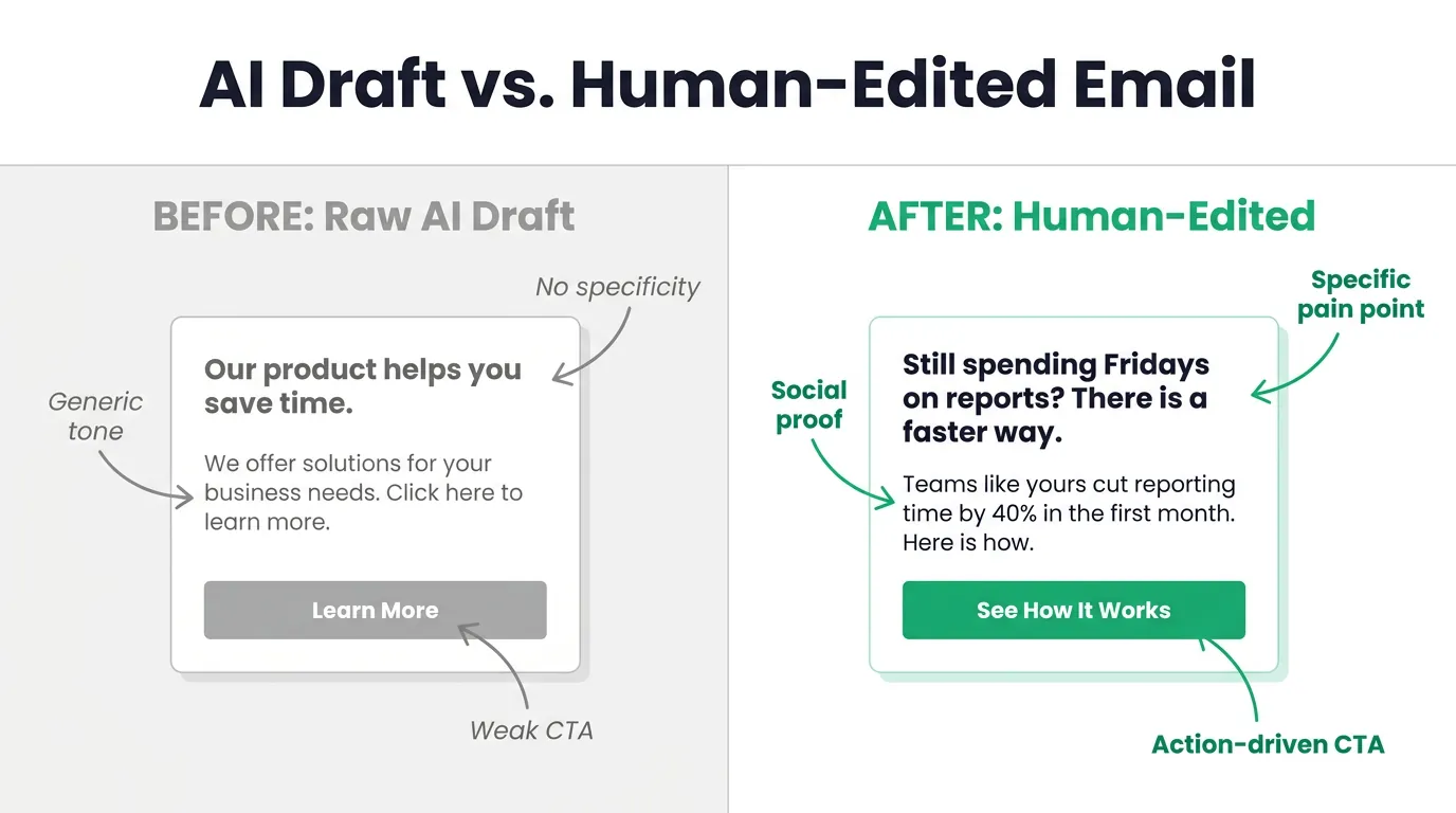 Side-by-side email comparison: grey 'Raw AI Draft' panel with generic subject line vs teal 'Human-Edited' panel with specific pain point and social proof CTA