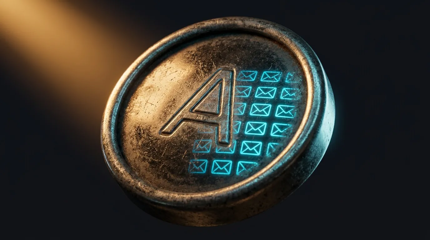 Worn vintage typewriter key letter A magnified in macro shot, metal surface reflecting grid of glowing email envelope icons, charcoal background