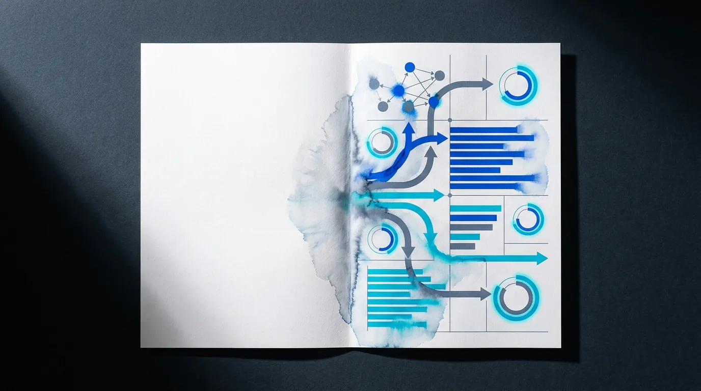 Single sheet of paper split between blank white and a blooming infographic with blue bar charts and cyan arrows, overhead view with dramatic side lighting
