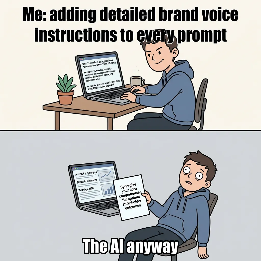 Two-panel meme cartoon: top panel shows confident person typing detailed prompt at laptop, bottom panel shows same person slumped holding printout reading 'Synergize your core competencies'