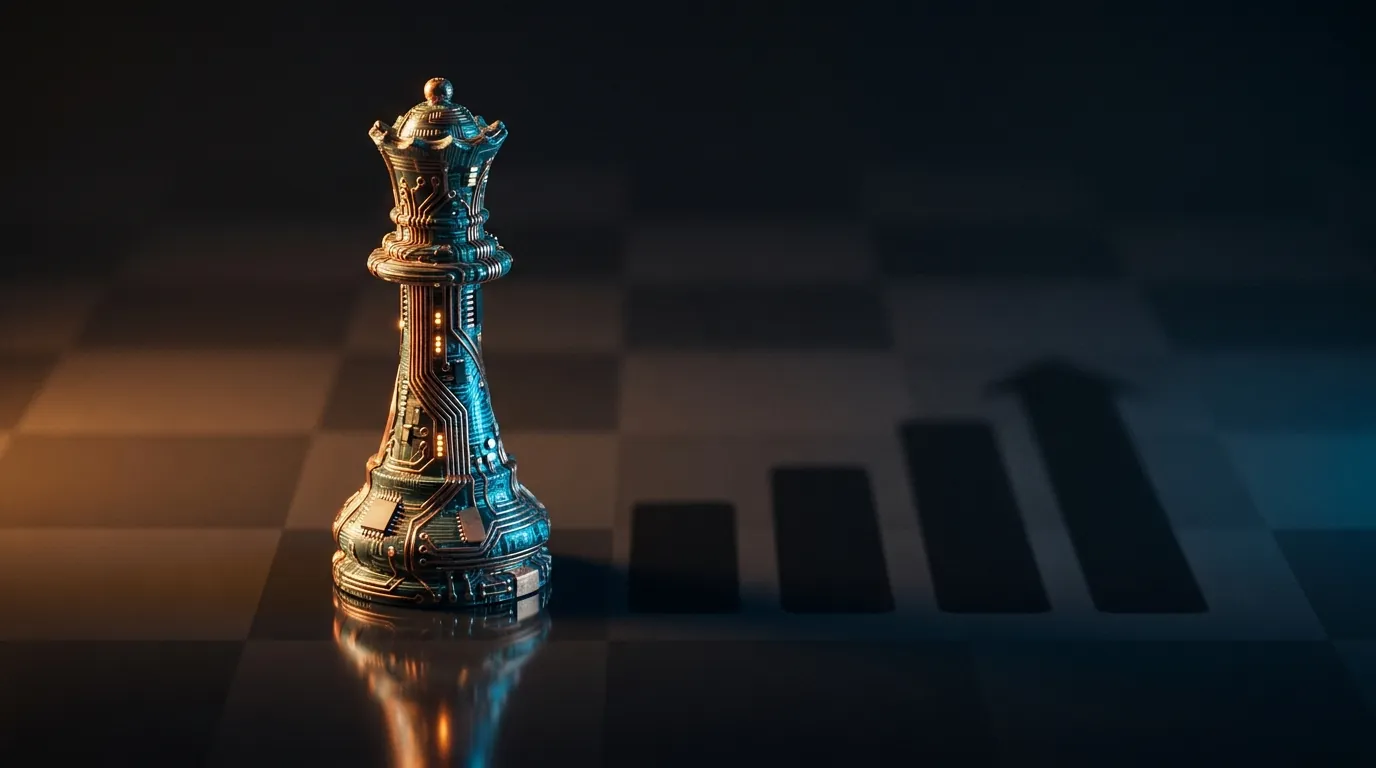 Chess queen built from copper circuit board traces standing on dark reflective surface, shadow shaped like a rising bar graph, split amber and blue cinematic lighting