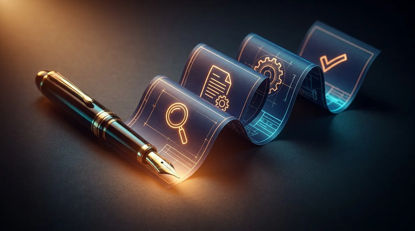 Fountain pen mid-stroke unfurling a glowing blueprint with magnifying glass, document, gear, and checkmark icons on charcoal background