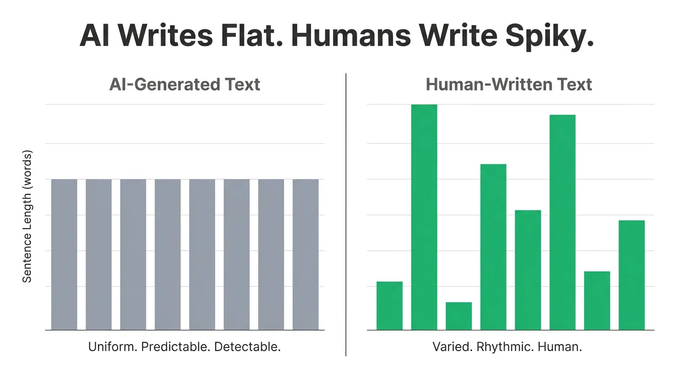 Side-by-side bar chart comparing AI text with uniform gray bars versus human text with varied teal bars, titled 'AI Writes Flat. Humans Write Spiky.'