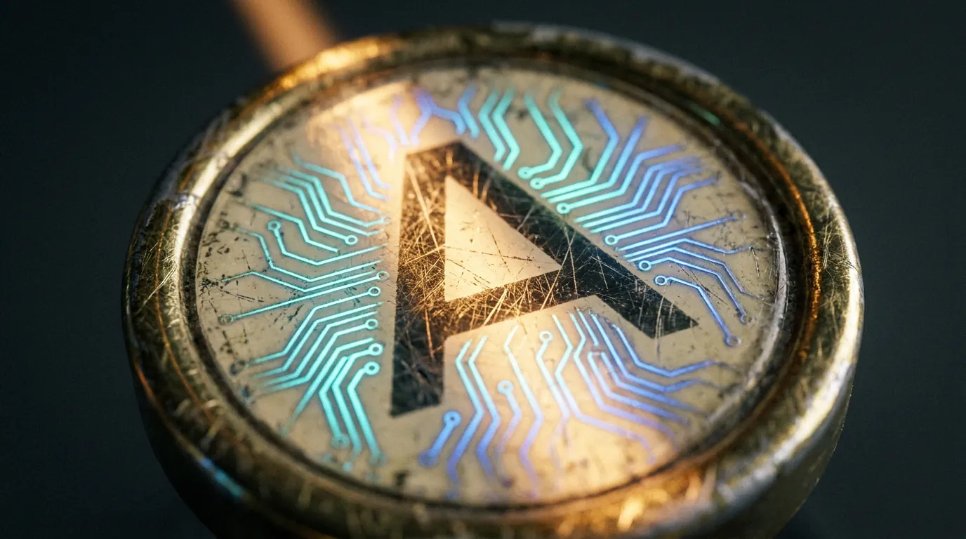 Worn brass typewriter key with letter A, glowing cyan circuit traces branching across its surface, diagonal amber light on dark charcoal background