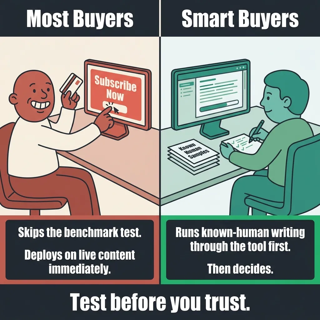 Two-panel meme: left panel shows person clicking Subscribe Now with credit card, right panel shows person testing Known Human Samples before buying