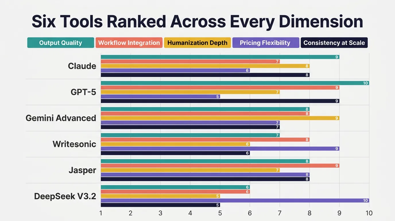 Grouped bar chart ranking Claude, GPT-5, Gemini Advanced, Writesonic, Jasper, and DeepSeek V3.2 across output quality, workflow integration, humanization depth, pricing flexibility, and consistency at scale scored 1-10