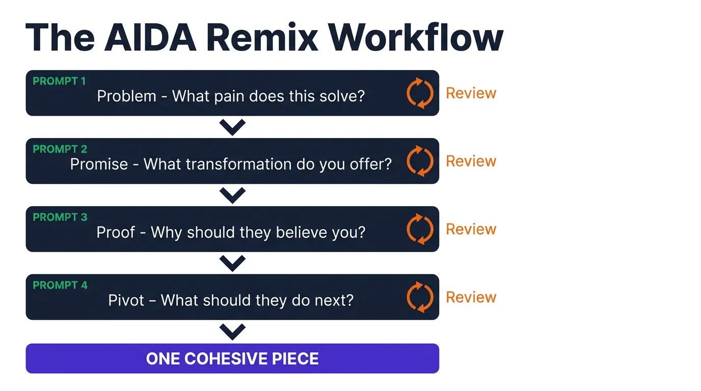 Vertical flowchart titled 'The AIDA Remix Workflow' with four navy boxes labeled Prompt 1-4 covering Problem, Promise, Proof, and Pivot, each with orange review loops
