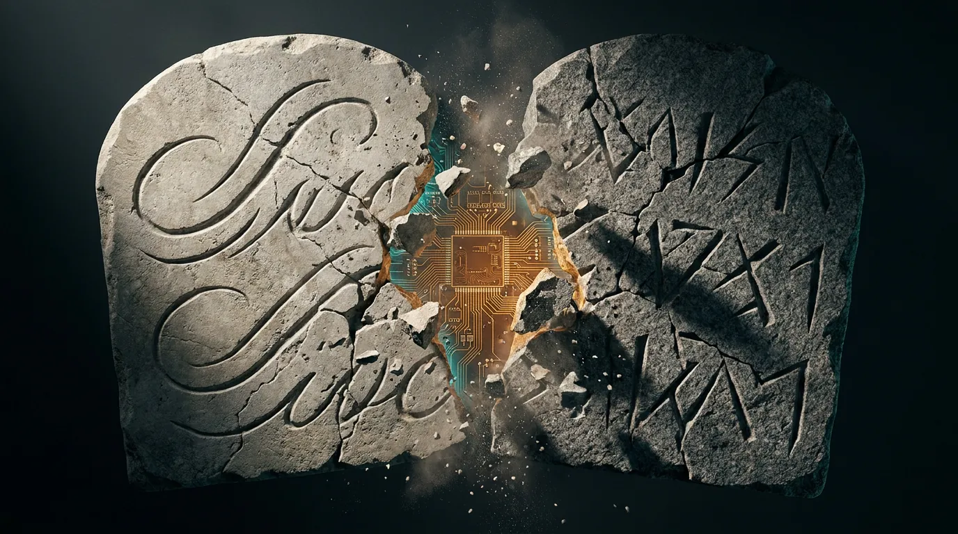 Two cracked stone tablets split open at center revealing glowing amber circuit board beneath, dramatic side lighting, dark background