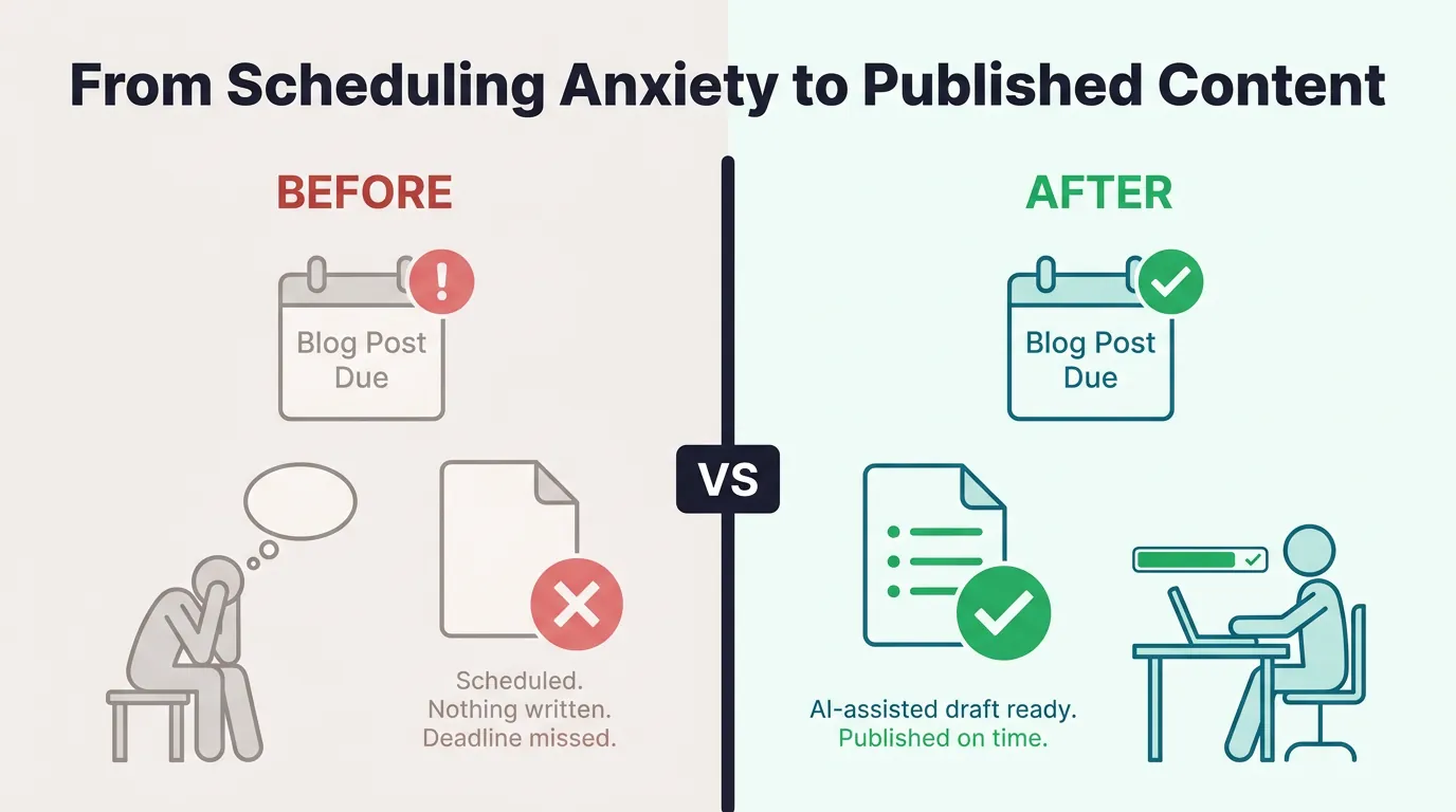 Split-screen flat illustration: left side shows missed blog deadline with red warning icons and stressed stick figure, right side shows green checkmarks and calm figure at laptop