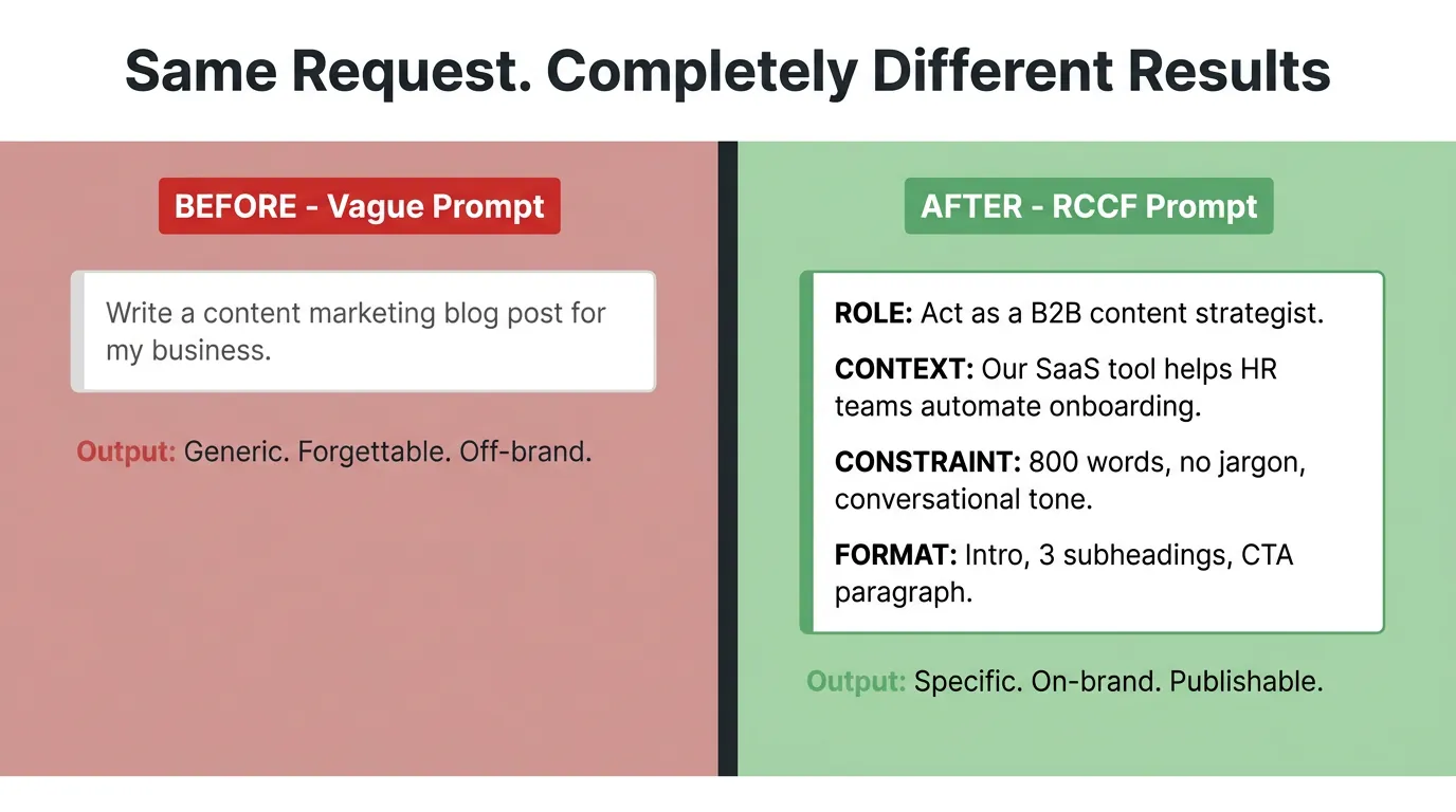 Side-by-side card comparing a vague content prompt on the left in red with a structured RCCF prompt on the right in green, white background