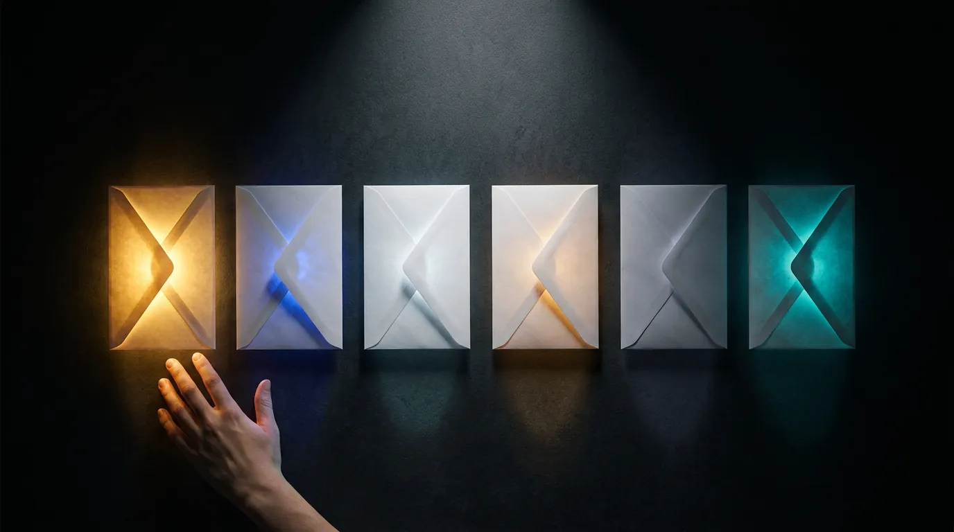 Six glowing sealed envelopes in a row on dark surface, each lit from within different colors, hand reaching toward the brightest gold one