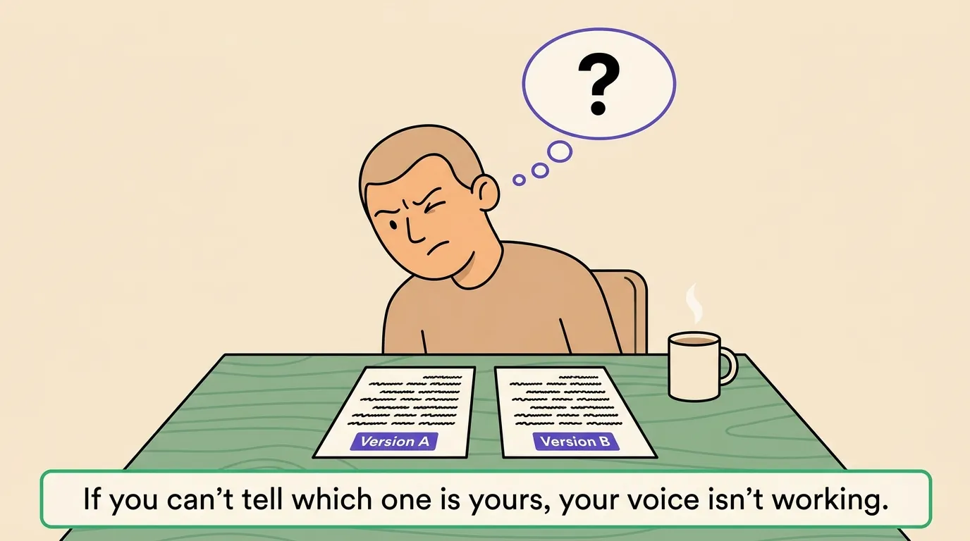 Cartoon person leaning over two printed documents labeled 'Version A' and 'Version B' with a question mark thought bubble overhead and coffee mug on desk