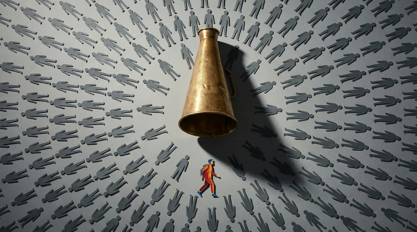 Vintage brass megaphone lying on gray surface surrounded by hundreds of identical gray paper figures, one vivid colorful figure mid-stride directly in front of the bell