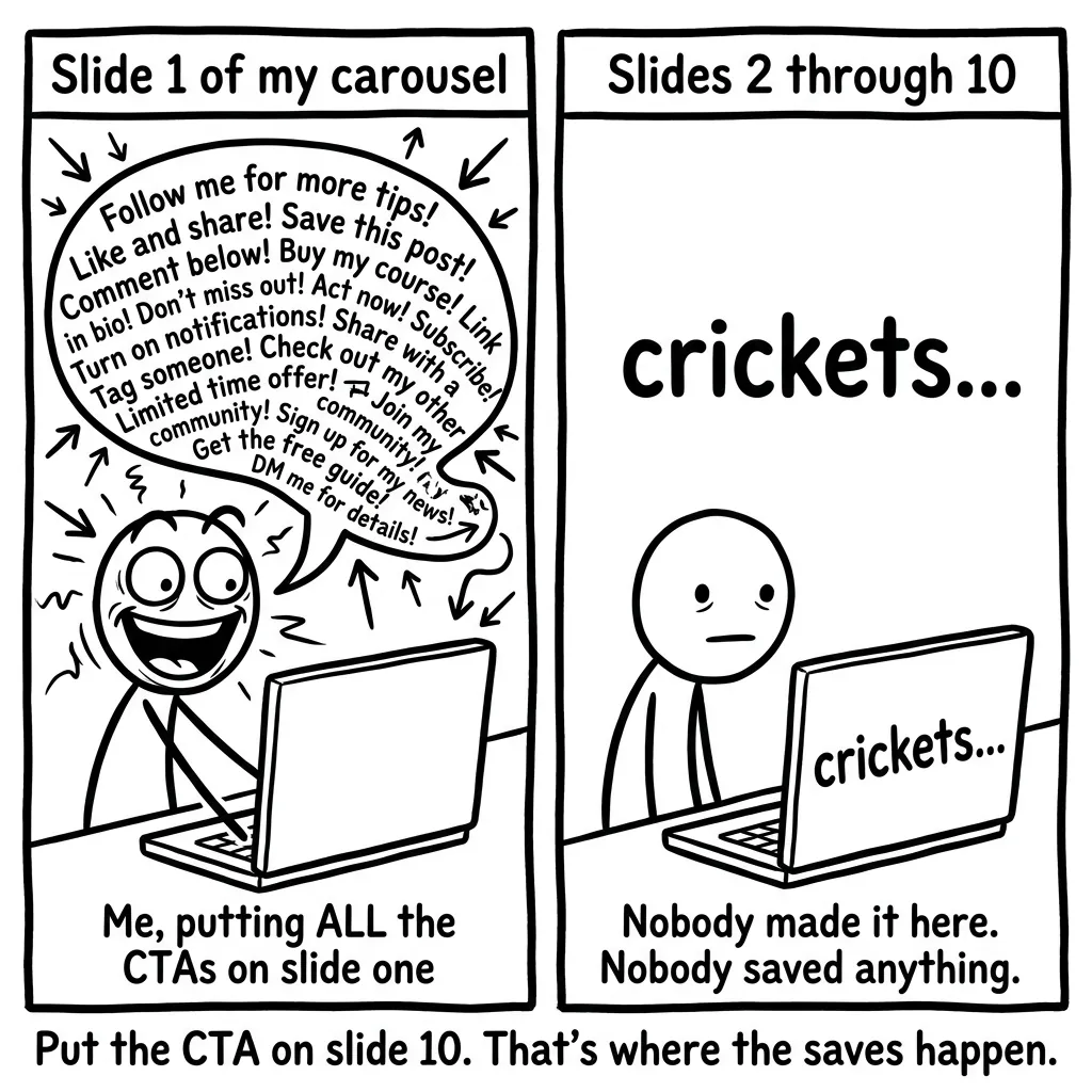 Put the CTA on Slide 10 - Carousel Strategy Meme Comic Two-panel stick figure comic: left panel shows grinning character cramming five CTAs into one speech bubble, right panel shows same character slumped at laptop with 'crickets...' on screen