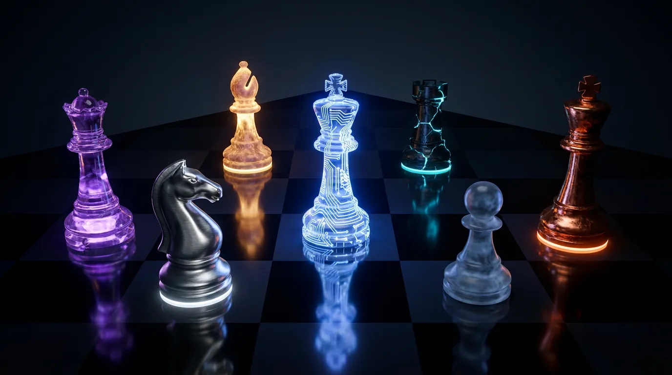 Glowing circuit-board chess king surrounded by six luminous pieces in crystal, metal, and organic materials on reflective obsidian board
