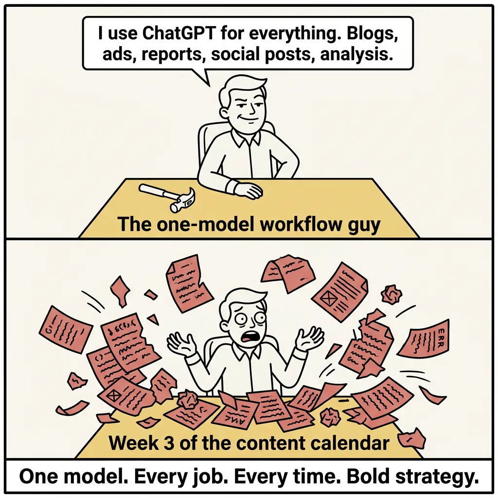 2-panel meme comic: confident worker with one hammer claims ChatGPT handles everything, then panics surrounded by flying broken documents by week 3