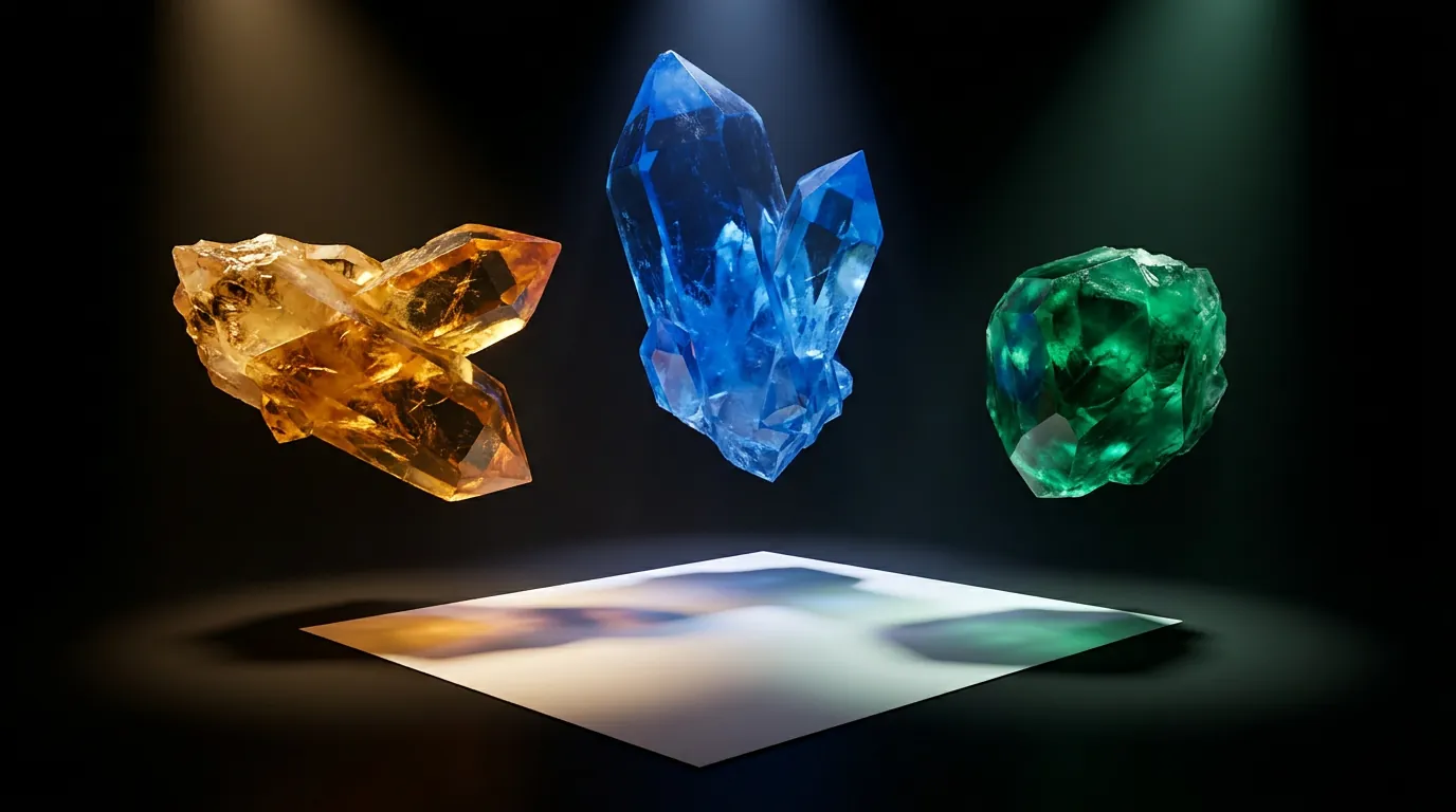 Three glowing crystals — amber, electric blue, and emerald — suspended above a blank white paper in a dark void, casting overlapping colored light