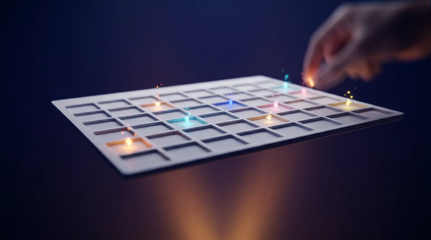 Glowing colored sparks placed into a floating calendar grid, casting warm amber light upward against deep indigo darkness