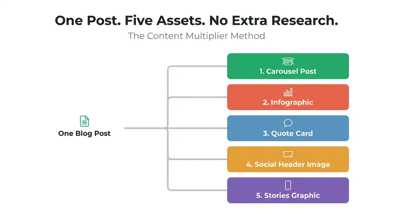 The Content Multiplier Method: One Blog Post, Five Ready-to-Publish Assets Tree diagram showing one blog post splitting into five content types: carousel, infographic, quote card, social header, and stories graphic