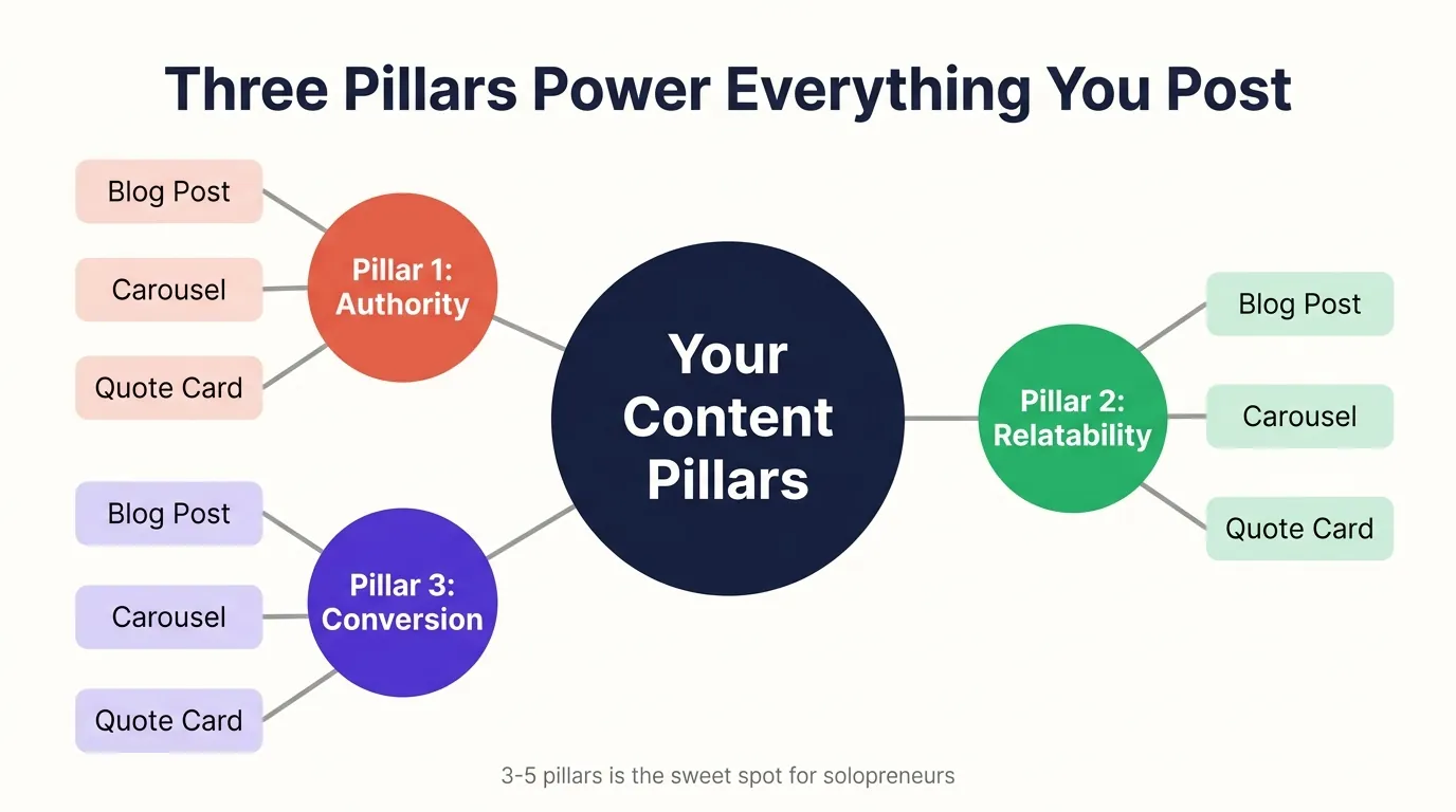 Three Content Pillars Hub-and-Spoke Diagram: Authority, Relatability, Conversion Hub-and-spoke diagram with 'Your Content Pillars' center circle branching to three nodes: Authority, Relatability, and Conversion, each linking to Blog Post, Carousel, and Quote Card boxes