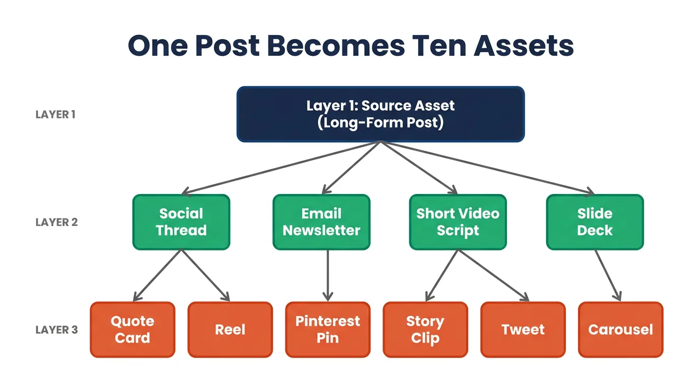 Tree diagram showing one long-form post branching into 4 content types then 6 assets across three color-coded layers