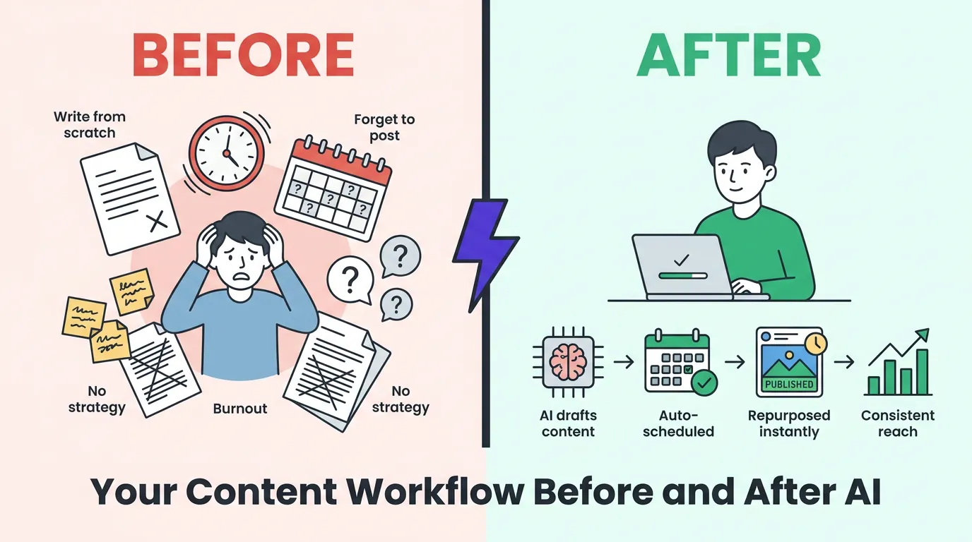 Split-screen chart: chaotic desk with scattered documents and question marks on red left, calm founder at laptop with AI-to-calendar flow on green right