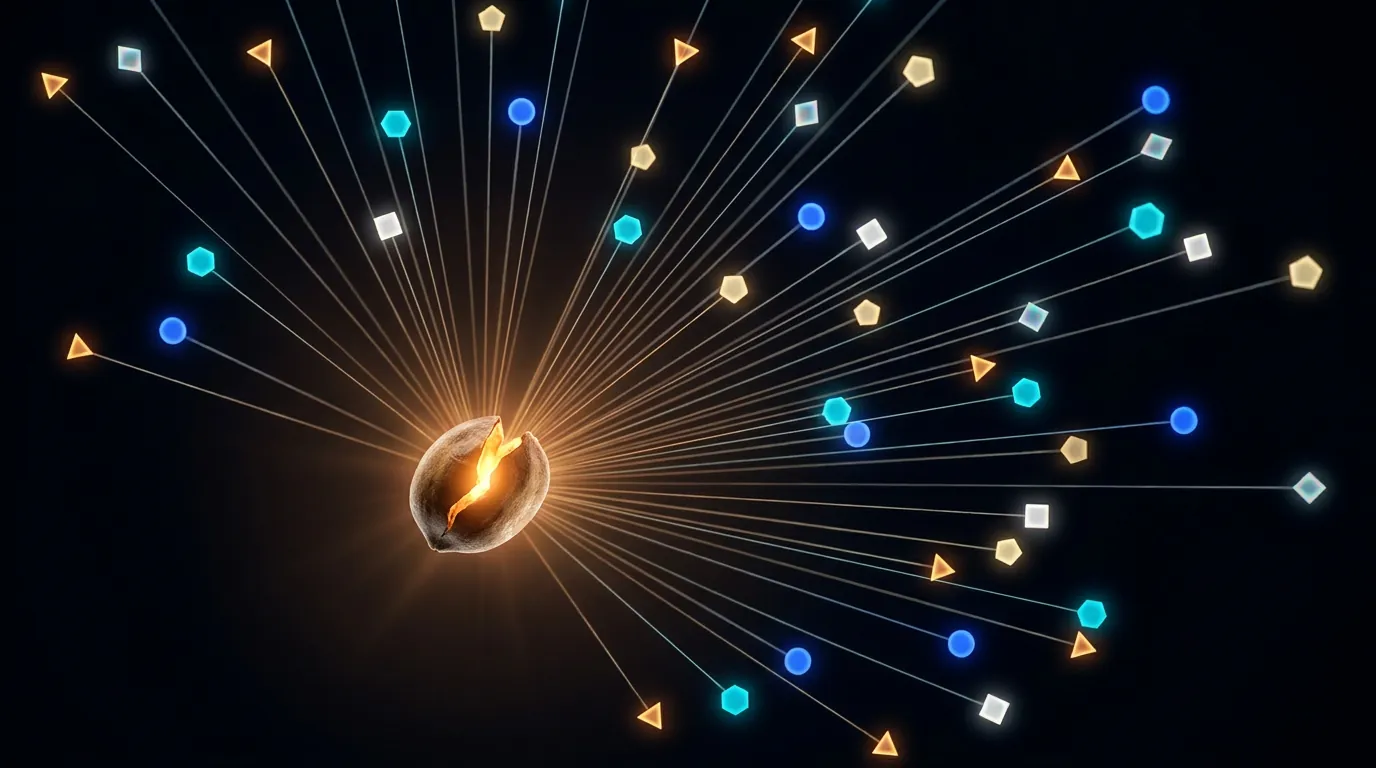 Glowing seed cracking open in darkness, luminous threads radiating outward to geometric shapes in amber, blue, and cyan light