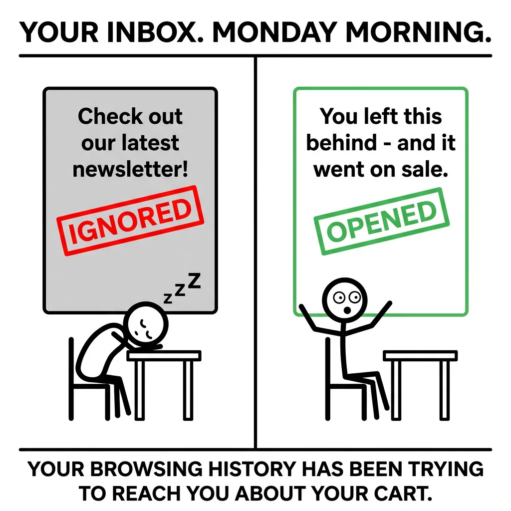 Two-panel meme: left panel shows ignored generic newsletter email with red IGNORED stamp, stick figure asleep; right panel shows personalized sale email with green OPENED stamp, stick figure alert
