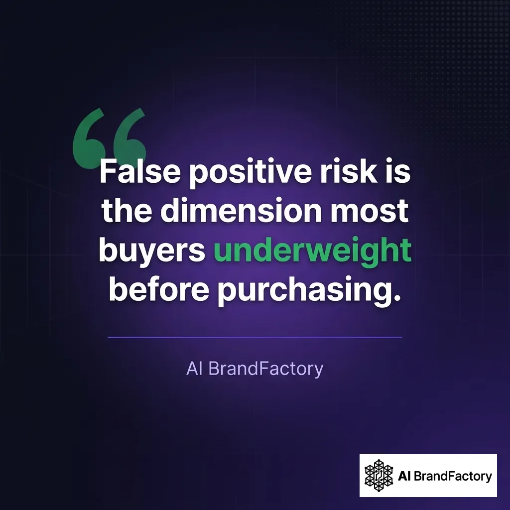 Dark navy quote card with bold white text: 'False positive risk is the dimension most buyers underweight before purchasing' — AI BrandFactory