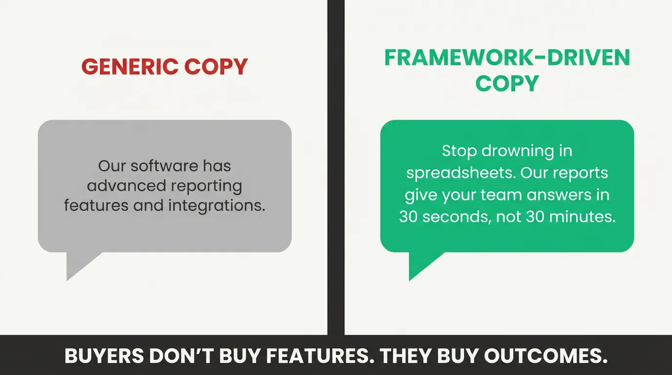 Split card comparing generic feature copy on gray left side vs outcome-driven copy on teal right side, with banner: Buyers Don't Buy Features. They Buy Outcomes.