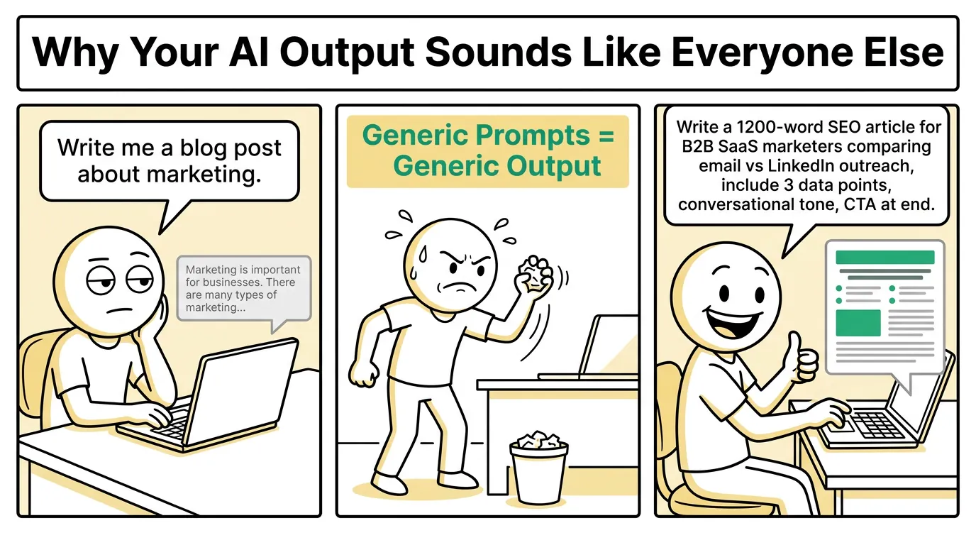 3-panel comic strip: bored person types vague AI prompt, crumples paper in frustration, then smiles giving thumbs up after typing a detailed structured prompt