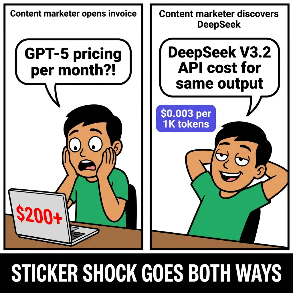 Two-panel comic: left panel shows cartoon marketer horrified at laptop screen reading '$200+' with speech bubble 'GPT-5 pricing per month?!', right panel same character smug and relaxed next to '$0.003 per 1K tokens' badge. Caption: 'Sticker shock goes both ways'