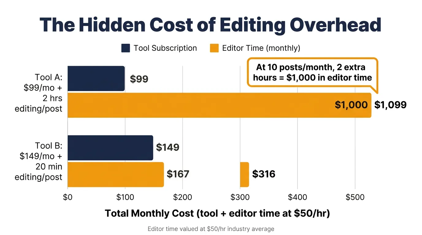 Horizontal bar chart comparing monthly costs of two AI content tools, with navy bars for subscription fees and amber bars for editor time at $50/hr