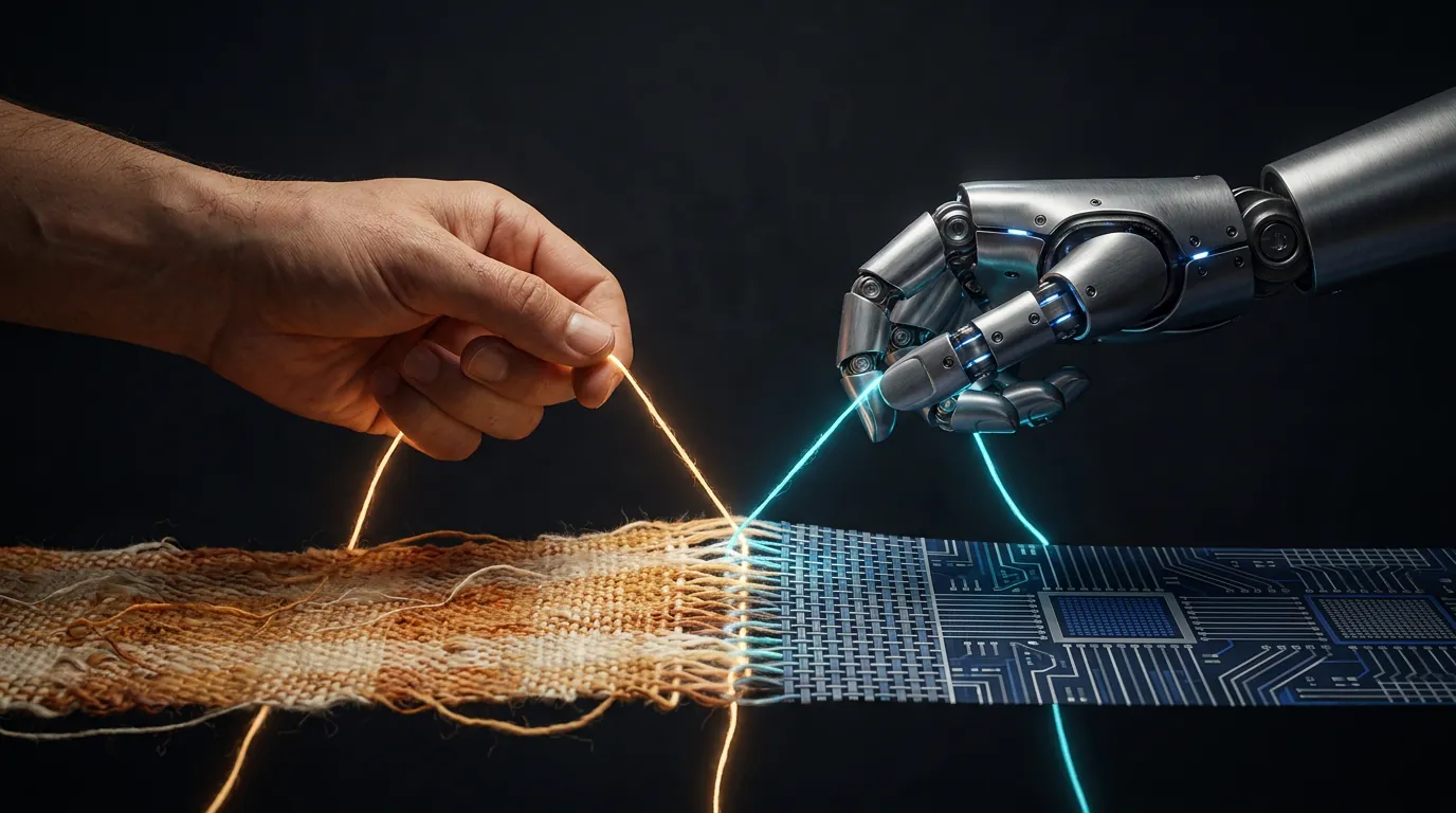 Human hand and robotic metal hand weaving a glowing thread into split fabric — warm organic texture on left, cool geometric grid on right