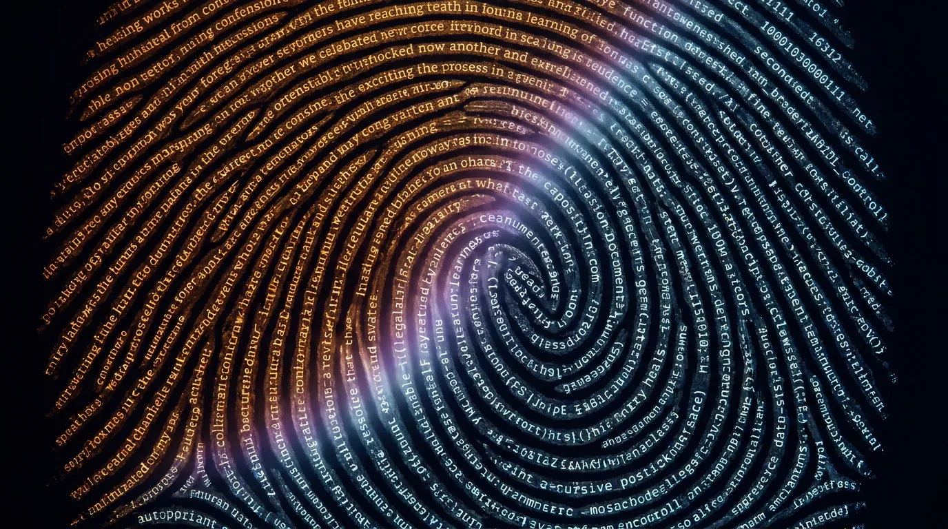 Fingerprint ridges made of glowing amber text and cold blue-white code on near-black background, macro overhead shot with dramatic side lighting