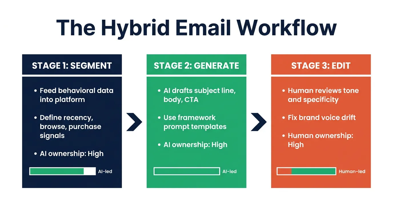 Three-stage email workflow diagram: Segment, Generate, Edit boxes in navy, teal, and coral with AI-led and Human-led ownership bars
