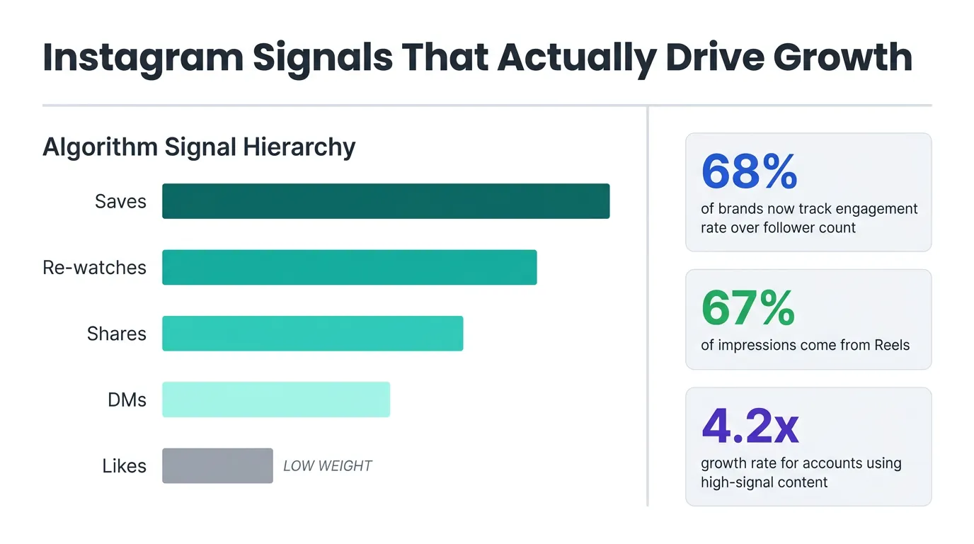 Flat infographic: horizontal bar chart ranking Instagram signals Saves to Likes, plus stat callouts 68%, 67%, 4.2x engagement growth data