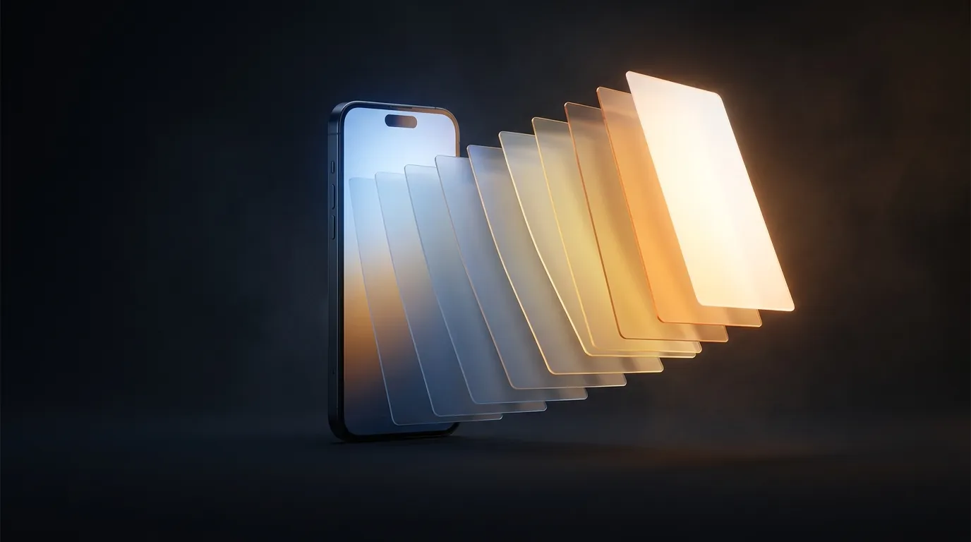 Smartphone glowing in darkness with translucent rectangular slides fanning outward, each card curving slightly and growing brighter toward the edge