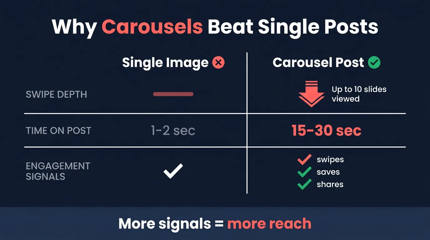 Why Carousels Beat Single Posts: Instagram Engagement Comparison Infographic Dark navy infographic comparing Instagram carousel posts vs single image posts across swipe depth, time on post, and engagement signals metrics