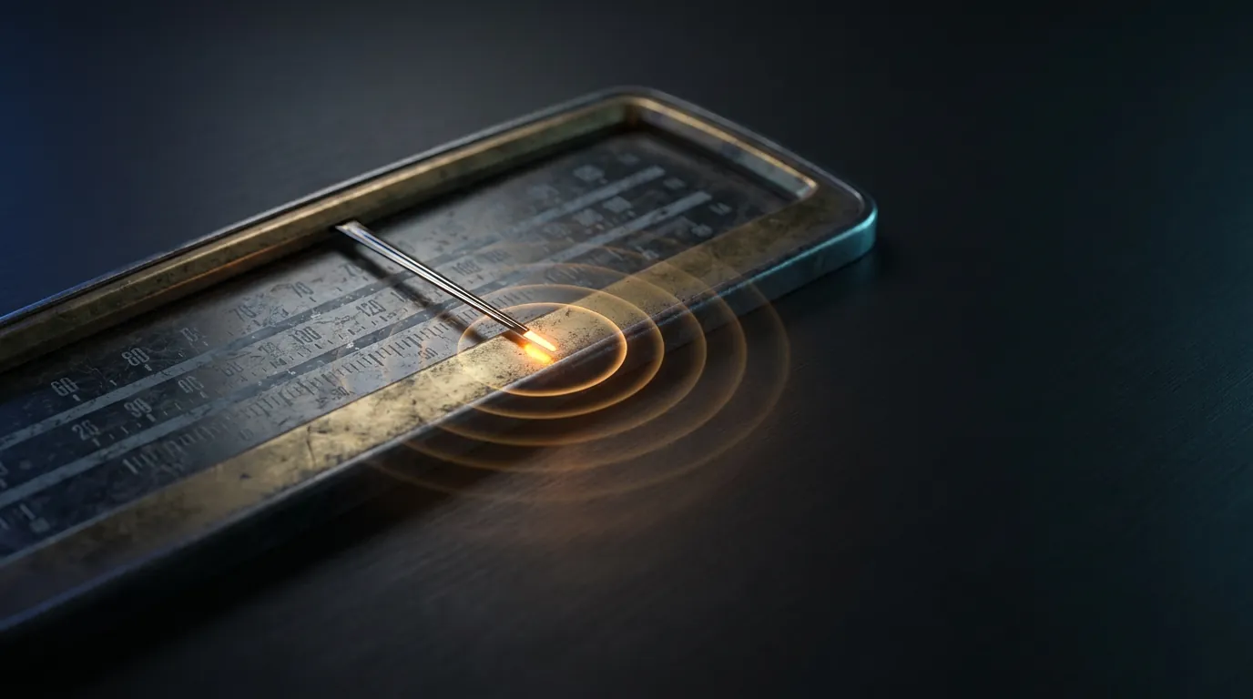 Vintage brass radio tuner dial on dark matte surface, needle locked onto single glowing amber frequency amid dim cluttered spectrum marks