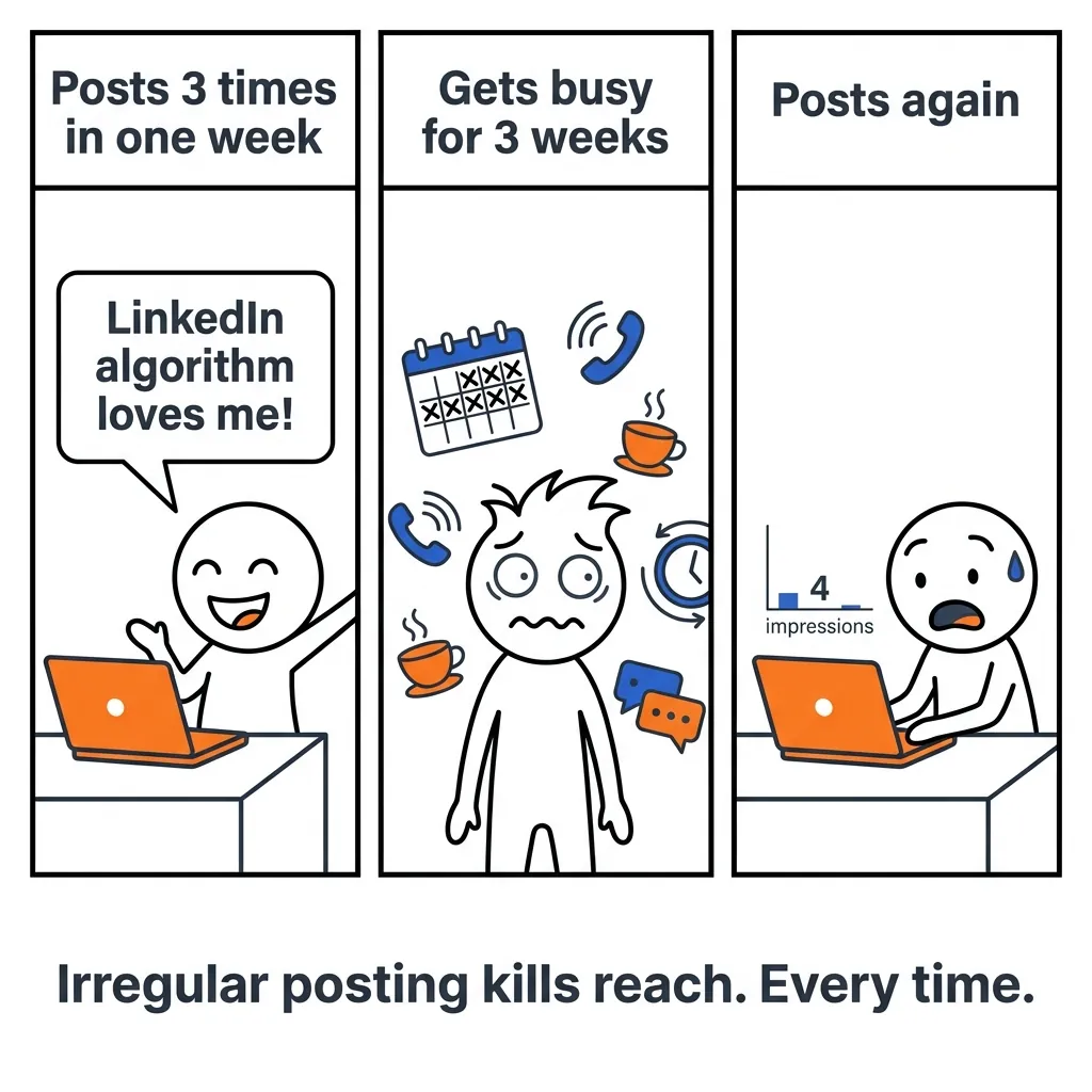 3-panel comic strip: founder excited at laptop, then surrounded by meeting icons, then shocked at '4 impressions' on screen. Caption: Irregular posting kills reach.