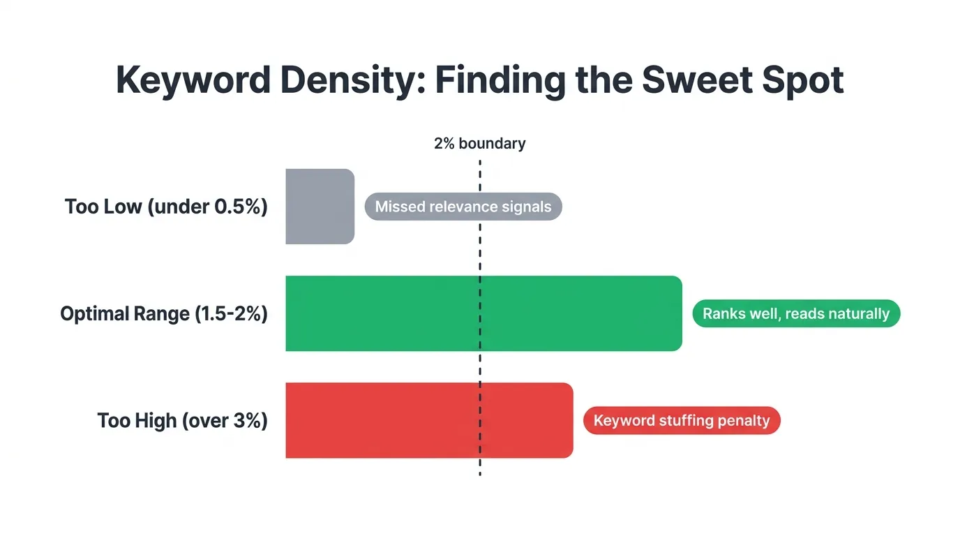 Horizontal bar chart comparing keyword density outcomes: gray 'Too Low' bar, teal 'Optimal Range' bar, and red 'Too High' bar with outcome labels