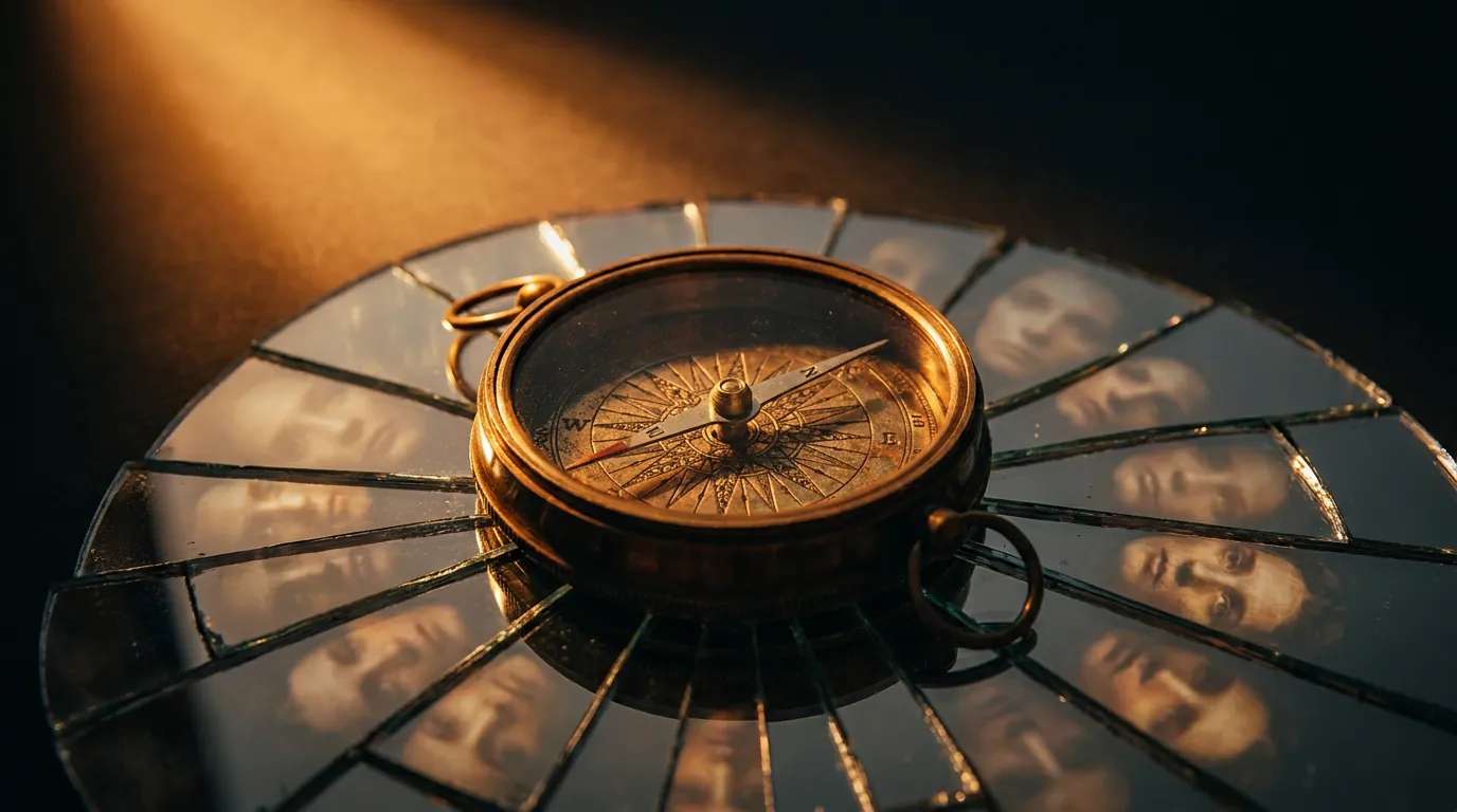 Vintage brass compass on cracked mirror, warm spotlight casting deep shadows, mirror shards reflecting dozens of identical faces