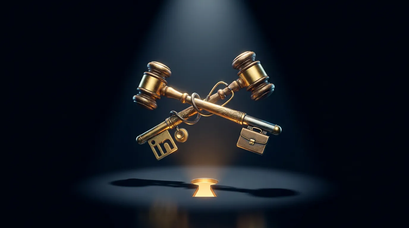 Ornate brass key with gavel and stethoscope details floating above a glowing LinkedIn-shaped keyhole on deep navy background